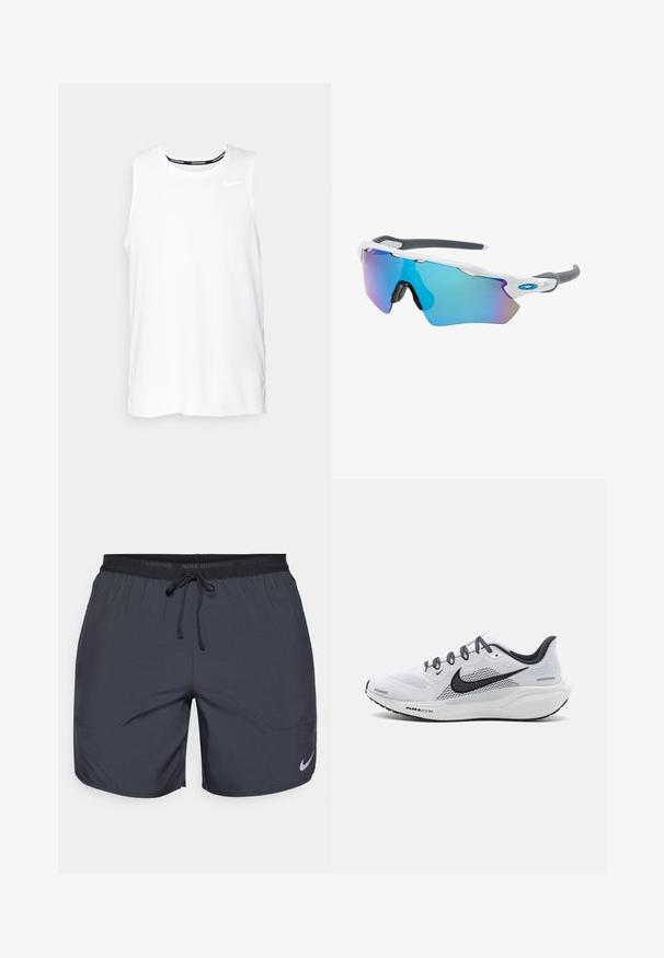 Top de alergare Nike fără mâneci, de culoare albă, cu guler rotund, textură fină și logo-ul Nike de culoare neagră pe partea stângă a pieptului.; Pantaloni scurți de alergare Nike de culoare gri închis, cu un brâu elastic și șnur și un accent cu logo argintiu pe partea inferioară a piciorului drept.; Adidași de alergare din plasă albă cu accente negre, featuring o talpă intermediară amortizată, talpă texturată și șireturi reflective pentru o vizibilitate sporită.; Ochelari de soare cu cadru alb, accente gri și lentile curbate albastre. Design sportiv, formă envolvitoare și pernițe de nas ajustabile.