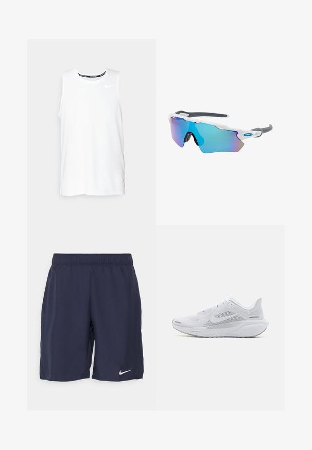 Balta be rankovių Nike bėgimo marškinėliai su apvaliu kaklu, lygiu paviršiumi ir juodu Nike logotipu viršutinėje kairėje krūtinės pusėje.; Jūriniai sportiniai šortai, pagaminti iš lygaus audinio, su elastinga juosmens juosta ir balta Nike logotipu apatinėje kairėje kojoje.; Balti sportiniai batai su orui pralaidžia viršutine dalimi, lygaus tekstūros apdaila, pilkais akcentais, raišteliais ir paminkštintu padu, skirtu našumui užtikrinti.; Akiniai nuo saulės su balta rėmeliu, pilkų akcentų ir mėlynais veidrodiniais objektyvais. Sportiškas dizainas, aplink galvą prilipusios formos ir reguliuojamos nosies pagalvėlės.