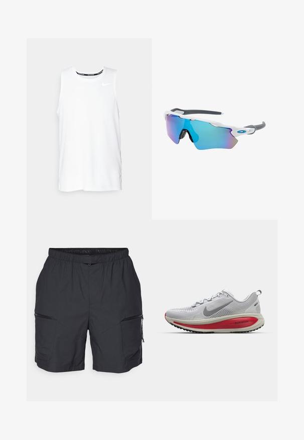 T-shirt de corrida sem mangas da Nike, de cor branca, com gola redonda, textura suave e logotipo preto da Nike na parte superior esquerda do peito.; Calças de desporto pretas com uma cintura elástica, dois bolsos com fecho éclair nas laterais e um material leve e suave. Apresenta costuras anguladas.; Sapatilha de corrida Nike em malha cinza claro com detalhes em vermelho, apresentando um bico arredondado, sola acolchoada espessa e uma sola texturizada para melhor aderência.; Óculos de sol com uma armação branca, detalhes cinzas e lentes espelhadas azuis. Design desportivo, forma envolvente e almofadas do nariz ajustáveis.