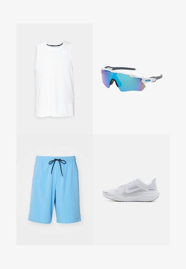 Valkoinen ilmanhiha Nike-juoksupaita, jossa on pyöreä kaula-aukko, sileä pinta ja musta Nike-logo vasemmassa ylä rinnassa.; Vaaleansiniset, synteettisestä materiaalista valmistetut shortsit, joissa on elastinen vyötärö ja musta kiristysnauha sekä pieni logotunnus.; Valkoinen urheilukenkä, jossa on verkkomateriaali yläosa, sileät tekstuuriset päällysteet, harmaat yksityiskohdat, nauhat ja pehmustettu pohja, joka on suunniteltu suorituskykyä varten.; Aurinkolasit valkoisella muodolla, harmailla yksityiskohdilla ja sinisillä peilipinnoilla. Urheilullinen muotoilu, ympäröivä malli ja säädettävät nenätyynyt.