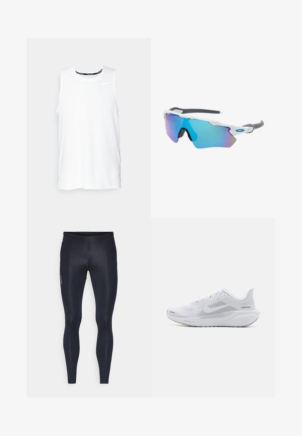 Valkoinen ilmanhiha Nike-juoksupaita, jossa on pyöreä kaula-aukko, sileä pinta ja musta Nike-logo vasemmassa ylä rinnassa.; Leggings yang terbuat dari bahan ringan dan elastis berwarna hitam solid. Memiliki permukaan yang halus, desain yang pas, dan pinggang elastis.; Valkoinen urheilukenkä, jossa on verkkomateriaali yläosa, sileät tekstuuriset päällysteet, harmaat yksityiskohdat, nauhat ja pehmustettu pohja, joka on suunniteltu suorituskykyä varten.; Aurinkolasit valkoisella muodolla, harmailla yksityiskohdilla ja sinisillä peilipinnoilla. Urheilullinen muotoilu, ympäröivä malli ja säädettävät nenätyynyt.