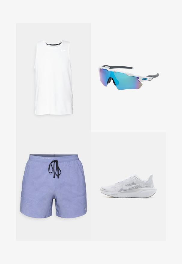 Bílý bezrukávový běžecký top Nike s kulatým výstřihem, hladkou texturou a černým logem Nike na levé horní části hrudníku.; Fialové běžecké šortky Nike s perforovaným designem, elastickým pasem, nastavitelným černým stahovacím šňůrkem a malým bílým logem na boku.; Bílé sportovní boty s síťovaným svrškem, hladkými texturovanými překryvy, šedými akcenty, tkaničkami a polstrovanou podrážkou navrženou pro výkon.; Sluneční brýle s bílým rámečkem, šedými akcenty a modrými zrcadlovými čočkami. Sportovní design, obepínající tvar a nastavitelné nosní podložky.