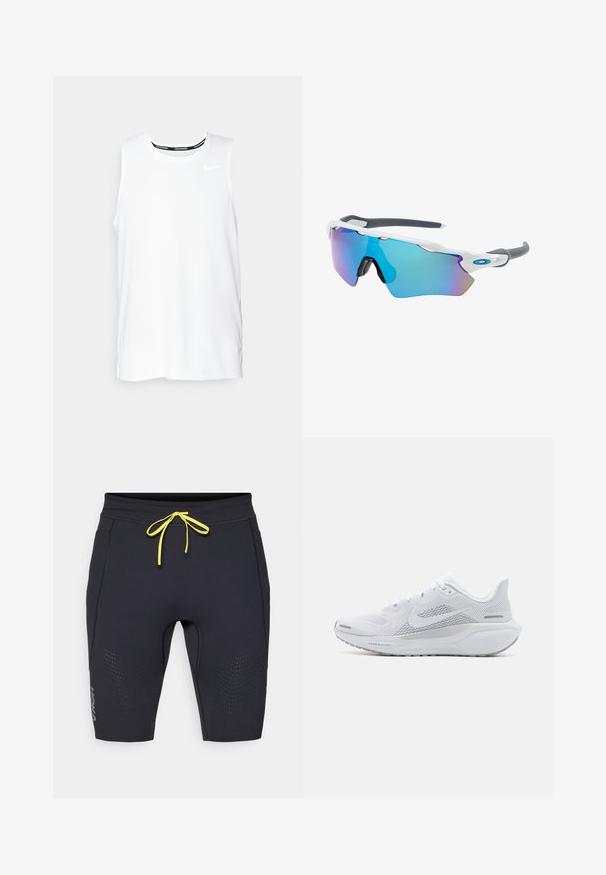 Baltā bezpiedurkņu Nike skriešanas krekla ar apaļu dekoltē, gludu tekstūru un melnu Nike logotipu kreisajā augšējā krūtī.; Melnas sporta šorti ar pieguļošu dizainu. Iespējas dzeltenais aukla, perforēti akcenti sānos un HOKA logo tuvu hemam.; Baltā sporta apava ar sieta augšdaļu, gludām tekstūras aplikācijām, pelēkiem akcentiem, šņorēm un amortizētu zoli, kas izstrādāta veiktspējai.; Saulesbrilles ar baltu rāmi, pelēkiem akcentiem un ziliem spoguļobjektīviem. Sportisks dizains, apņemjoša forma un regulējami deguna spilventiņi.
