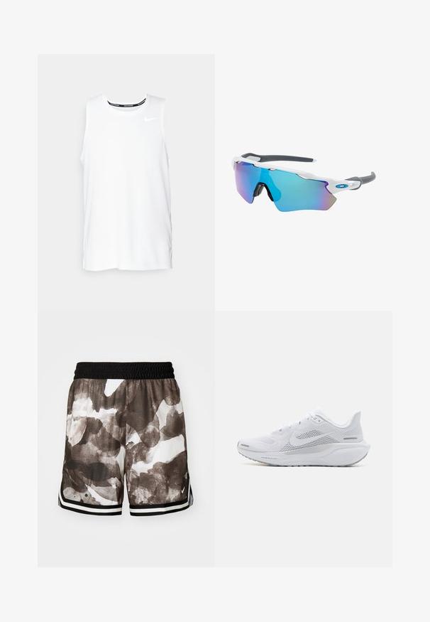 Balta be rankovių Nike bėgimo marškinėliai su apvaliu kaklu, lygiu paviršiumi ir juodu Nike logotipu viršutinėje kairėje krūtinės pusėje.; Atsitiktiniai tinkliniai šortai su juodos ir rudos abstrakčios raštos, elastinga juosmens juosta ir juodai baltais dryželiais apatine krašte.; Balti sportiniai batai su orui pralaidžia viršutine dalimi, lygaus tekstūros apdaila, pilkais akcentais, raišteliais ir paminkštintu padu, skirtu našumui užtikrinti.; Akiniai nuo saulės su balta rėmeliu, pilkų akcentų ir mėlynais veidrodiniais objektyvais. Sportiškas dizainas, aplink galvą prilipusios formos ir reguliuojamos nosies pagalvėlės.