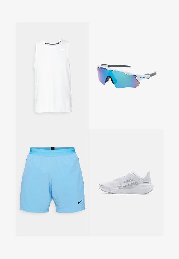Top de alergare Nike fără mâneci, de culoare albă, cu guler rotund, textură fină și logo-ul Nike de culoare neagră pe partea stângă a pieptului.; Shorts sportive Nike de culoare albastru deschis, cu talie elastică, logo negru în partea dreaptă jos și un textil neted, ușor.; Pantofii sport albi cu un superior din plasă, suprapărți cu textură netedă, accente gri, șireturi și o talpă căptușită, concepuți pentru performanță.; Ochelari de soare cu cadru alb, accente gri și lentile curbate albastre. Design sportiv, formă envolvitoare și pernițe de nas ajustabile.