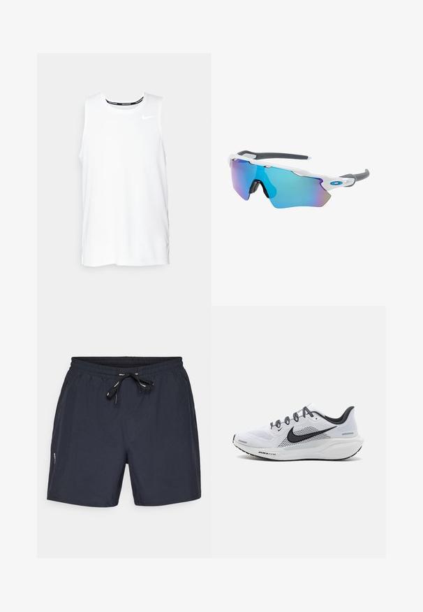 Baltā bezpiedurkņu Nike skriešanas krekla ar apaļu dekoltē, gludu tekstūru un melnu Nike logotipu kreisajā augšējā krūtī.; Tumši zili peldbikses ar elastīgu jostasvietu un auklu. Izgatavotas no viegla materiāla, ar sānu kabatām un vienkāršu dizainu.; Baltas mežģīņu skriešanas apavu modelis ar melniem akcentiem, kas aprīkots ar mīkstu vidusdaļu, strukturētu zoli un atstarojošām shoelaces, lai uzlabotu redzamību.; Saulesbrilles ar baltu rāmi, pelēkiem akcentiem un ziliem spoguļobjektīviem. Sportisks dizains, apņemjoša forma un regulējami deguna spilventiņi.