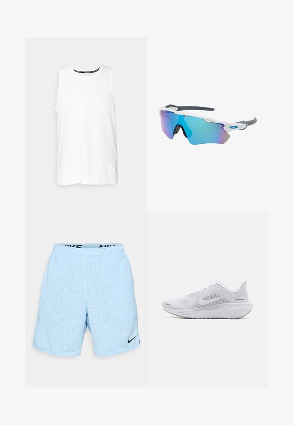 Valkoinen ilmanhiha Nike-juoksupaita, jossa on pyöreä kaula-aukko, sileä pinta ja musta Nike-logo vasemmassa ylä rinnassa.; Vaaleansiniset urheilushortsit, joissa on teksturoitu kuosi ja musta joustava vyötärö, jossa on "NIKE"-logo. Pieni musta Swoosh-logo vasemmassa helmassa.; Valkoinen urheilukenkä, jossa on verkkomateriaali yläosa, sileät tekstuuriset päällysteet, harmaat yksityiskohdat, nauhat ja pehmustettu pohja, joka on suunniteltu suorituskykyä varten.; Aurinkolasit valkoisella muodolla, harmailla yksityiskohdilla ja sinisillä peilipinnoilla. Urheilullinen muotoilu, ympäröivä malli ja säädettävät nenätyynyt.