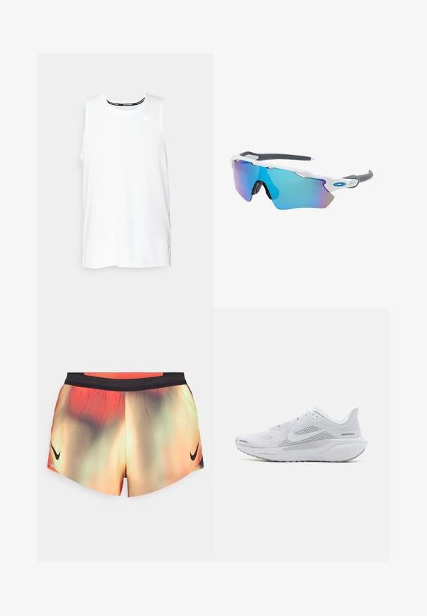 Top da corsa Nike senza maniche di colore bianco, con scollo rotondo, texture liscia e logo Nike nero sulla parte superiore sinistra del petto.; Pantaloni corti Nike in sfumature di arancione, verde e nero, con una vita elastica nera e il logo Nike in basso a destra.; Scarpa sportiva bianca con tomaia in rete, sovrapposizioni a trama liscia, accenti grigi, lacci e una suola ammortizzata progettata per le prestazioni.; Occhiali da sole con montatura bianca, dettagli grigi e lenti a specchio blu. Design sportivo, forma avvolgente e naselli regolabili.