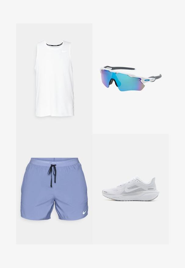 Camiseta sin mangas blanca de Nike para correr, con cuello redondo, textura suave y logo negro de Nike en la parte superior izquierda del pecho.; Shorts de running de color azul claro, hechos de tejido sintético, con una cinturilla elástica y cordón negro, y un pequeño logo blanco en el lateral.; Zapatilla deportiva blanca con parte superior de malla, sobrecapas de textura suave, acentos en gris, cordones y una suela acolchada diseñada para el rendimiento.; Gafas de sol con montura blanca, detalles grises y lentes espejados azules. Diseño deportivo, forma envolvente y almohadillas para la nariz ajustables.