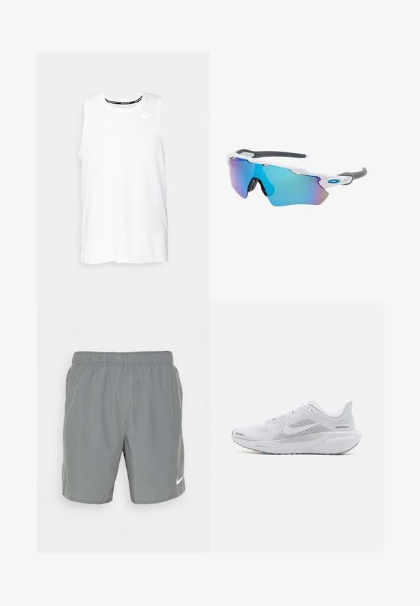 Camiseta sin mangas blanca de Nike para correr, con cuello redondo, textura suave y logo negro de Nike en la parte superior izquierda del pecho.; Pantalones cortos deportivos grises con una cintura elástica. Fabricados con un tejido ligero, con un pequeño logo blanco de Nike en la parte inferior de la pierna izquierda.; Zapatilla deportiva blanca con parte superior de malla, sobrecapas de textura suave, acentos en gris, cordones y una suela acolchada diseñada para el rendimiento.; Gafas de sol con montura blanca, detalles grises y lentes espejados azules. Diseño deportivo, forma envolvente y almohadillas para la nariz ajustables.