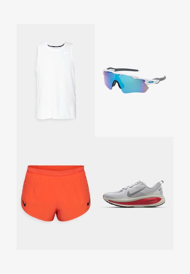 Vitt ärmlöst Nike-löparlinne med rund halsringning, slät yta och svart Nike-logotyp på övre vänstra bröstet.; Orange idrottsshorts i mjukt material, med en svart Nike-logotyp på vänster sida och ett elastiskt midjeband för komfort.; Nike löparsko i ljusgrått mesh med röda accenter, med rund tå, tjock dämpningssula och texturerat mönster för grepp.; Solglasögon med vit ram, grå detaljer och blå spegelglas. Sportig design, omslutande form och justerbara näskuddar.