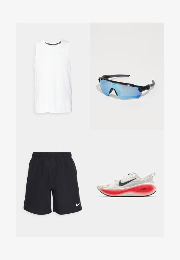 Biała bezrękawnik Nike do biegania z okrągłym dekoltem, gładką teksturą i czarnym logo Nike na górnej lewej części klatki piersiowej.; Czarne szorty sportowe wykonane z lekkiego materiału, z elastycznym pasem i białym logo Nike na dolnej lewej nodze.; Buty biegowe Nike z białą dzianinową cholewką, czarnym logo swoosh i grubą czerwoną oraz białą wkładką amortyzującą oznaczoną "ZOOMX". Czarna podeszwa z bieżnikiem.; Okulary sportowe z czarną oprawką, dużymi niebieskimi soczewkami i solidną konstrukcją. Oferują zwiększoną ochronę wokół.