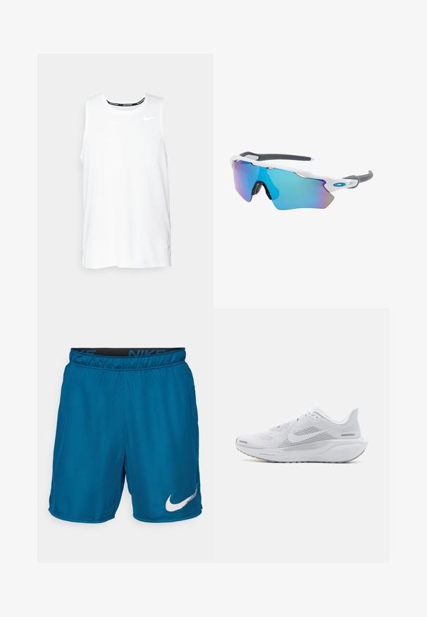 Bijela bezrukavna trkačka majica Nike s okruglim izrezom, glatkom teksturom i crnim Nike logom na gornjem lijevom dijelu prsiju.; Plave Nike sportske kratke hlače s elastičnom naramenicom i bijelim Swoosh logom na lijevoj nozi na jednobojnoj pozadini.; Bijela sportska cipela s mrežastim gornjim dijelom, glatkim dekoracijama, sivim detaljima, vezicama i obloženom potplatom dizajniranom za performanse.; Naočale za sunce s bijelim okvirom, sivo-zlatnim detaljima i plavim zrcalnim lećama. Sportski dizajn, oblik koji se prilagođava obliku lica i podesive nosne jastučiće.