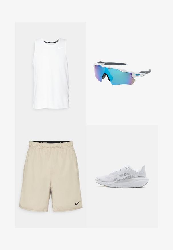 White sleeveless Nike running top with a round neckline, smooth texture, and black Nike logo on the upper left chest.; Beige athletic shorts made of lightweight fabric with an elastic waistband, featuring a small black Nike logo on the lower right side.; White athletic shoe with a mesh upper, smooth textured overlays, grey accents, laces, and a cushioned sole designed for performance.; Sunglasses with a white frame, gray accents, and blue mirrored lenses. Sporty design, wraparound shape, and adjustable nose pads.