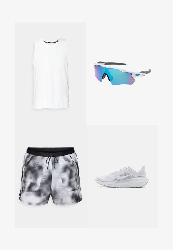 T-shirt de corrida sem mangas da Nike, de cor branca, com gola redonda, textura suave e logotipo preto da Nike na parte superior esquerda do peito.; Calções atléticos masculinos com um padrão de tie-dye em preto e branco. Feitos de um tecido leve e respirável, com dois bolsos com fecho e um cós com cordão.; Sapatilha atlética branca com parte superior em malha, sobreposições de textura suave, detalhes em cinza, atacadores e sola acolchoada projetada para desempenho.; Óculos de sol com uma armação branca, detalhes cinzas e lentes espelhadas azuis. Design desportivo, forma envolvente e almofadas do nariz ajustáveis.