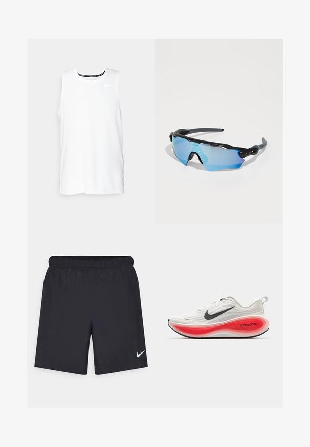 Hvit ermeløs Nike løpetopp med rund hals, glatt tekstur, og svart Nike-logo på øvre venstre bryst.; Svart sportskjørt laget av lett materiale med elastisk linning. Har en liten hvit Nike-logo nederst til venstre.; Nike løpesko med en hvit strikket overdel, svart swoosh og en tykk rød og hvit polstret såle merket "ZOOMX." Svart gripeutsol.; Sport solbriller med svart ramme, store blåfargede linser og en robust design. De har forbedret innpakning for bedre dekning.