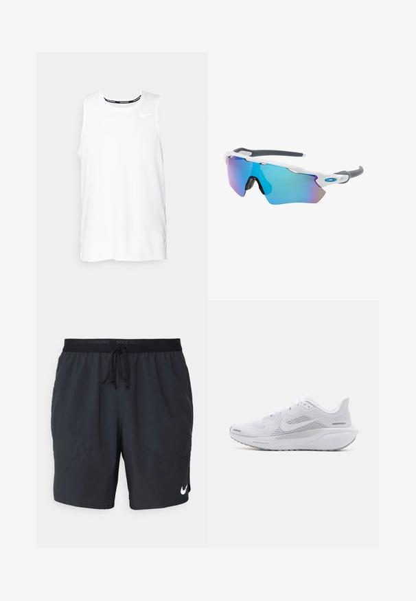 Balta be rankovių Nike bėgimo marškinėliai su apvaliu kaklu, lygiu paviršiumi ir juodu Nike logotipu viršutinėje kairėje krūtinės pusėje.; Juoda Nike bėgimo šortai su raišteliu juosmenyje, dviem šoninėmis kišenėmis ir balta logo apatinėje dešinėje kojoje. Lygus medžiagos paviršius.; Balti sportiniai batai su orui pralaidžia viršutine dalimi, lygaus tekstūros apdaila, pilkais akcentais, raišteliais ir paminkštintu padu, skirtu našumui užtikrinti.; Akiniai nuo saulės su balta rėmeliu, pilkų akcentų ir mėlynais veidrodiniais objektyvais. Sportiškas dizainas, aplink galvą prilipusios formos ir reguliuojamos nosies pagalvėlės.