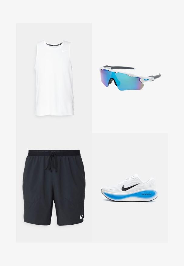 White sleeveless Nike running top with a round neckline, smooth texture, and black Nike logo on the upper left chest.; Black Nike running shorts with a drawstring waistband, two side pockets, and a white logo on the lower right leg. Smooth fabric texture.; White athletic shoe with a textured upper, black Nike swoosh, and a blue ZoomX midsole. Features a rounded toe and patterned sole.; Sunglasses with a white frame, gray accents, and blue mirrored lenses. Sporty design, wraparound shape, and adjustable nose pads.
