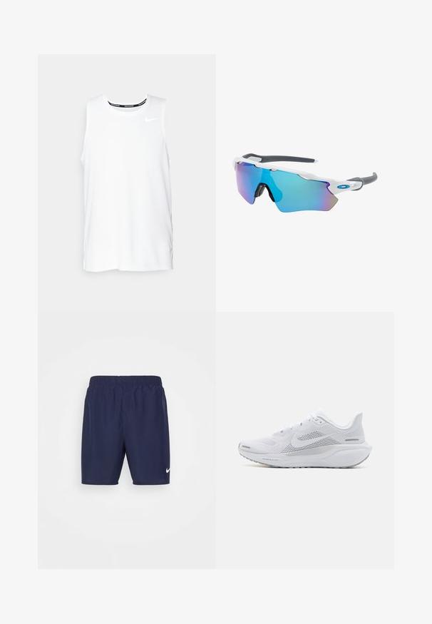 Camiseta sin mangas blanca de Nike para correr, con cuello redondo, textura suave y logo negro de Nike en la parte superior izquierda del pecho.; Nike Performance CHALLENGER - Pantalón corto de deporte - obsidian/obsidian/black/(reflective silv); Zapatilla deportiva blanca con parte superior de malla, sobrecapas de textura suave, acentos en gris, cordones y una suela acolchada diseñada para el rendimiento.; Gafas de sol con montura blanca, detalles grises y lentes espejados azules. Diseño deportivo, forma envolvente y almohadillas para la nariz ajustables.