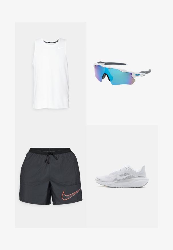 White sleeveless Nike running top with a round neckline, smooth texture, and black Nike logo on the upper left chest.; Black Nike running shorts with adjustable drawstring waistband and large red and white Nike swoosh logo on the left leg.; White athletic shoe with a mesh upper, smooth textured overlays, grey accents, laces, and a cushioned sole designed for performance.; Sunglasses with a white frame, gray accents, and blue mirrored lenses. Sporty design, wraparound shape, and adjustable nose pads.