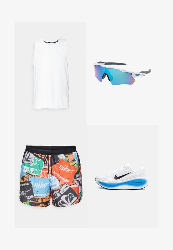 Fehér ujjatlan Nike futó felső kerek nyakkivágással, sima textúrával és fekete Nike logóval a bal felső mellkason.; Nike Performance STRIDE RUN ENERGY - Sport rövidnadrágok - total orange/black/reflective silver; Fehér sportcipő textúrázott felsőrésszel, fekete Nike logóval és kék ZoomX középtalppal. Jellemzője a lekerekített orr és a mintás talp.; Fehér keretű napszemüveg, szürke díszítéssel és kék tükörlencsékkel. Sportos dizájn, körbeölelő forma és állítható orrtámasz.
