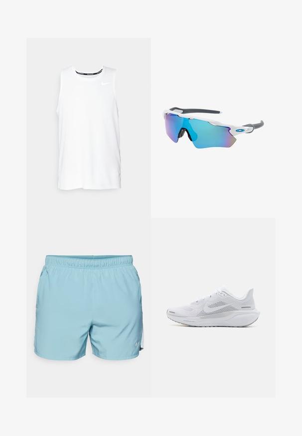 Valge ilma varrukateta Nike jooksmise topp ümmarguse kaelusega, siledast materjalist, ning must Nike logo vasakul rinnal.; Nike Performance CHALLENGER SHORT - Spordišortsid - denim turquoise/glacier blue/black; Valge sportlik king, millel on võrgust pealne osa, sujuva tekstuuriga kattekiht, hallid aktsendid, sidemed ja pehmendatud tald, mis on mõeldud sooritusvõime jaoks.; Valged raamidega päikeseprillid, hallide aktsentidega ja siniste peegelprillidega. Sportlik disain, ümber keha kujundus ja reguleeritavad ninasillad.