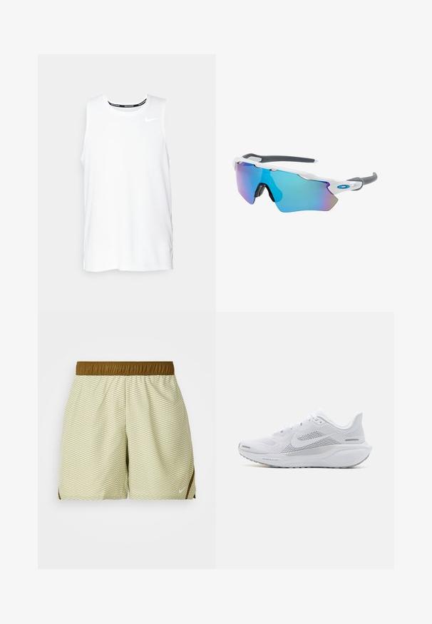 Balta be rankovių Nike bėgimo marškinėliai su apvaliu kaklu, lygiu paviršiumi ir juodu Nike logotipu viršutinėje kairėje krūtinės pusėje.; Šviesiai žali šortai su deimanto raštu, elastingu rudu juosmeniu ir šoninėmis detalėmis. Pagaminti iš kvėpuojančios medžiagos, užtikrinančios komfortą.; Balti sportiniai batai su orui pralaidžia viršutine dalimi, lygaus tekstūros apdaila, pilkais akcentais, raišteliais ir paminkštintu padu, skirtu našumui užtikrinti.; Akiniai nuo saulės su balta rėmeliu, pilkų akcentų ir mėlynais veidrodiniais objektyvais. Sportiškas dizainas, aplink galvą prilipusios formos ir reguliuojamos nosies pagalvėlės.