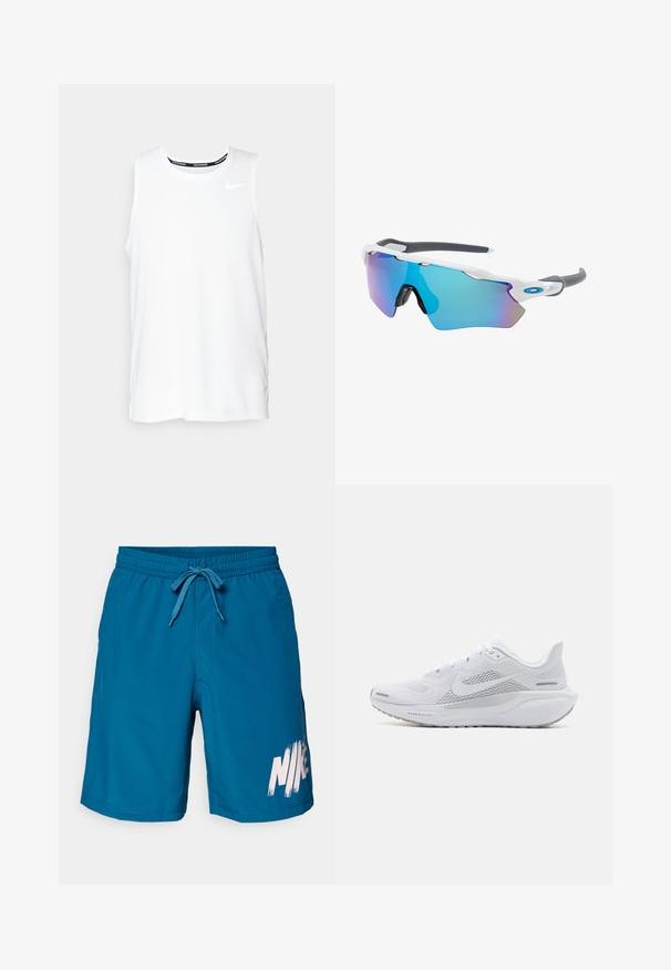 Biele bezrukávové bežecké tričko Nike s okrúhlym výstrihom, hladkým povrchom a čiernym logom Nike na hornej ľavej strane hrudníka.; Modré plavky Nike s elastickým pásom a nastaviteľnou šnúrkou, s veľkým bielym logom vytlačeným na dolnej ľavej strane.; Biele športové topánky s sieťovaným zvrškom, hladkými textúrovanými prekrytiami, šedými akcentmi, šnúrkami a odpruženou podrážkou navrhnutou pre výkon.; Slnečné okuliare s bielym rámom, so sivými akcentmi a modrými zrkadlovými sklami. Športový dizajn, okrúhly tvar a nastaviteľné nosové podložky.