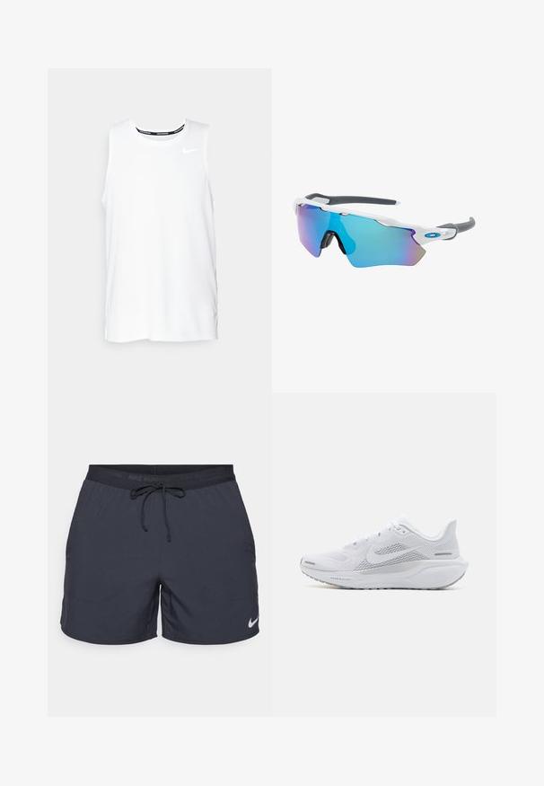 Weißes ärmelloses Nike-Lauftop mit Rundhalsausschnitt, glatter Textur und schwarzem Nike-Logo auf der oberen linken Brust.; Nike Laufshorts in Dunkelgrau, elastischer Bund mit Kordelzug, seitliche Taschen, leichtes Material, mit einem weißen Nike-Logo am unteren Saum.; Weißer Sportschuh mit einem Obermaterial aus Mesh, glatten Überzügen, grauen Akzenten, Schnürsenkeln und einer gepolsterten Sohle, die für Leistung ausgelegt ist.; Sonnenbrille mit einem weißen Rahmen, grauen Akzenten und blauen Spiegellinsen. Sportliches Design, umschließende Form und verstellbare Nasenpads.