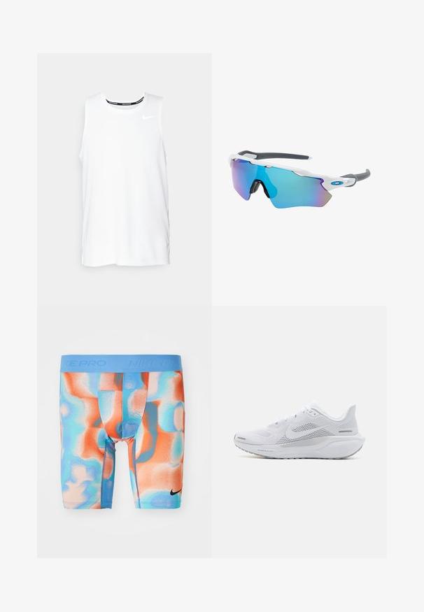 Fehér ujjatlan Nike futó felső kerek nyakkivágással, sima textúrával és fekete Nike logóval a bal felső mellkason.; Nike Pro férfi kompressziós rövidnadrág; színes minta narancssárgában, kékben és puha textúrákban; elasztikus derékpánt márkanevével domborítva.; Fehér sportcipő, hálós felsőrésszel, sima textúrájú díszítőelemekkel, szürke akcentusokkal, fűzőkkel, és párnázott talppal, amely a teljesítmény érdekében készült.; Fehér keretű napszemüveg, szürke díszítéssel és kék tükörlencsékkel. Sportos dizájn, körbeölelő forma és állítható orrtámasz.