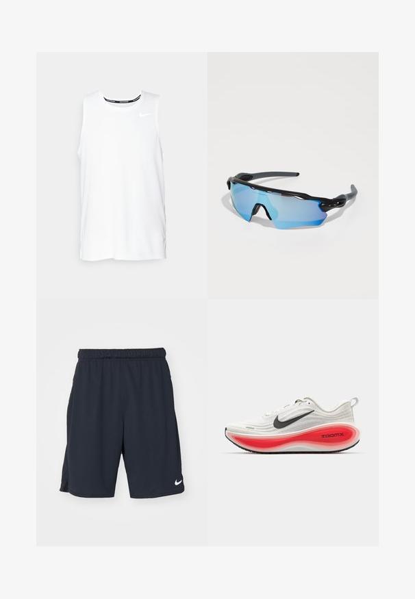 Bela brezrokavnica za tek Nike z okroglim izrezom, gladko teksturo in črnim Nike logotipom na zgornji levi strani prsnega koša.; Morske športne kratke hlače iz poliestra z elastičnim pasom, stranskimi žepi in belim Nike logotipom na spodnjem levem delu noge.; Nike tekaške čevlje z belim pletenim zgornjim delom, črnim naborom in debelim rdečim ter belim oblazinjenim podplatom, označenim z "ZOOMX." Črn podplat z oprijemom.; Športne sončne očala z črnima okvirjem, velikimi lečami z modrim odtenkom in trdno zasnovo. Ponuja izboljšano ovijanje okoli obraza.