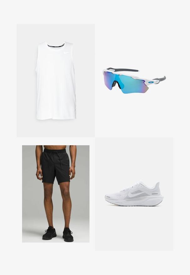 Top de alergare Nike fără mâneci, de culoare albă, cu guler rotund, textură fină și logo-ul Nike de culoare neagră pe partea stângă a pieptului.; Pantaloni scurți atletici negri, cu un elastic în talie și șnur, cu o lungime până la genunchi și o textură de țesătură ușoară și netedă.; Pantofii sport albi cu un superior din plasă, suprapărți cu textură netedă, accente gri, șireturi și o talpă căptușită, concepuți pentru performanță.; Ochelari de soare cu cadru alb, accente gri și lentile curbate albastre. Design sportiv, formă envolvitoare și pernițe de nas ajustabile.