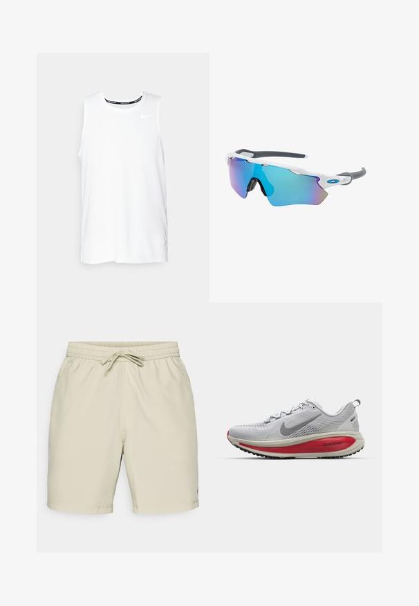 Witte mouwloze Nike hardlooptop met een ronde hals, een gladde textuur en een zwart Nike-logo op de bovenste linkerborst.; Lichtbeige zwemshorts met een elastische tailleband, verstelbaar trekkoord en zijzakken. Zachte textuur en een lengte tot halverwege de dij.; Nike hardloopschoen in lichtgrijs gaas met rode accenten, met een ronde neuzen, dikke dempingszool en een gestructureerde loopzool voor grip.; Zonnebril met een wit frame, grijze accenten en blauwe spiegelglazen. Sportief ontwerp, omhulde vorm en verstelbare neuspads.