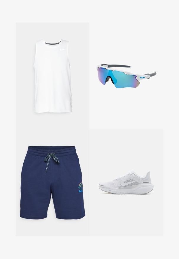 Λευκή αμάνικη μπλούζα τρεξίματος Nike με στρογγυλή λαιμόκοψη, λεία υφή και μαύρο λογότυπο Nike στο επάνω αριστερό μέρος του στήθους.; Σκούρα μπλε σορτς με κορδόνι στη μέση, που διαθέτουν ριγέ κορδέλα σε πράσινους και μπλε τόνους. Περιλαμβάνει πολύχρωμο λογότυπο στο πλάι.; Λευκό αθλητικό παπούτσι με άνω μέρος από δίχτυ, λεία επικαλύψεις, γκρι λεπτομέρειες, κορδόνια και με σόλα αφρώδους υλικού που έχει σχεδιαστεί για απόδοση.; Γυαλιά ηλίου με λευκό σκελετό, γκρι λεπτομέρειες και μπλε καθρέφτες φακούς. Αθλητικός σχεδιασμός, περιμετρικό σχήμα και ρυθμιζόμενα μαξιλαράκια μύτης.