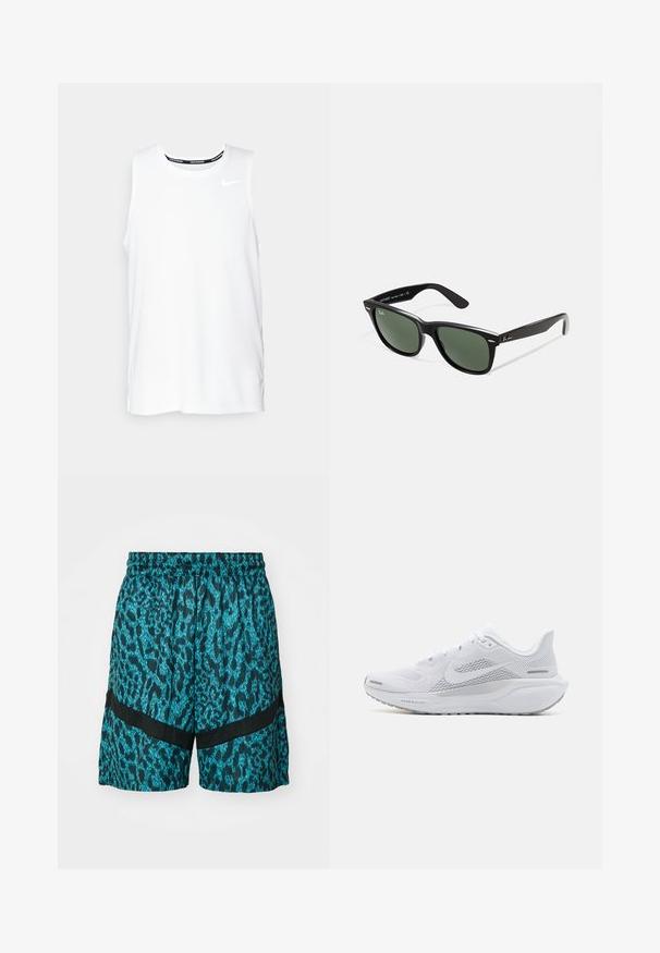 Vitt ärmlöst Nike-löparlinne med rund halsringning, slät yta och svart Nike-logotyp på övre vänstra bröstet.; Turkosa och svarta sportshorts med ett leopardmönster, elastisk midja och två horisontella svarta nätinslag.; Vit sportskor med ovandel i mesh, släta texturerade överlager, grå accenter, snören och en vadderad sula designad för prestanda.; Svarta plastsolglasögon med gröna linser, fyrkantiga bågar, silverdetalj på ögonbrynet och texturerade skalmar. Angiven märkning på den inre skalmen.