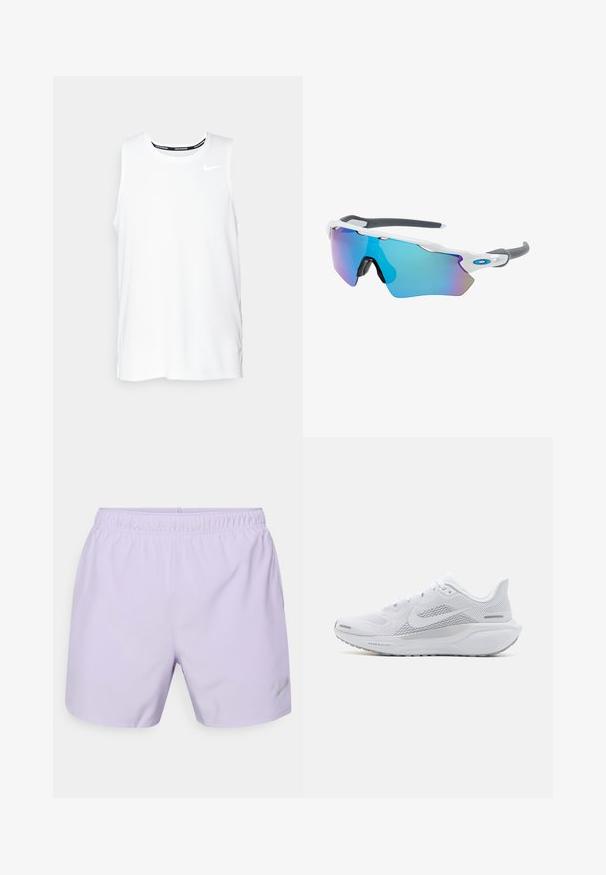 Fehér ujjatlan Nike futó felső kerek nyakkivágással, sima textúrával és fekete Nike logóval a bal felső mellkason.; Világos lila sportnadrág elasztikus derékkal, az alsó részen egy kis ezüst Nike logóval. Simába szövettextúra.; Fehér sportcipő, hálós felsőrésszel, sima textúrájú díszítőelemekkel, szürke akcentusokkal, fűzőkkel, és párnázott talppal, amely a teljesítmény érdekében készült.; Fehér keretű napszemüveg, szürke díszítéssel és kék tükörlencsékkel. Sportos dizájn, körbeölelő forma és állítható orrtámasz.