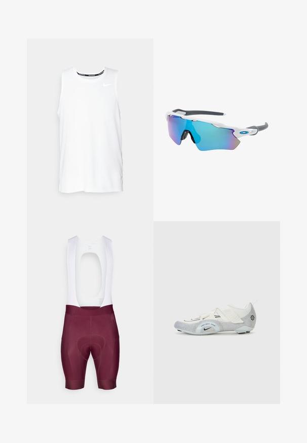 Biała bezrękawnik Nike do biegania z okrągłym dekoltem, gładką teksturą i czarnym logo Nike na górnej lewej części klatki piersiowej.; Spodenki kolarskie wykonane z elastycznej tkaniny, w kolorze bordowym z białą górną częścią oraz wyraźnie zaznaczoną wkładką chamois dla komfortu.; Białe i srebrne buty rowerowe z siateczkową cholewką, teksturowanymi akcentami, regulowanymi paskami oraz gumową podeszwą zapewniającą przyczepność i stabilność.; Okulary przeciwsłoneczne z białą oprawą, szarymi akcentami i niebieskimi lustrzanymi soczewkami. Sportowy design, kształt otaczający, z regulowanymi noskami.