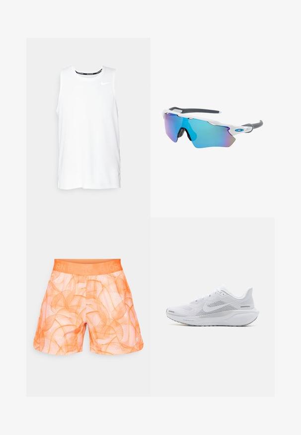 Bijela bezrukavna trkačka majica Nike s okruglim izrezom, glatkom teksturom i crnim Nike logom na gornjem lijevom dijelu prsiju.; Narančaste kratke hlače s uzorkom imaju mekani pojas s utisnutim natpisom "BJÖRN." Dizajn uključuje preklapajuće valovite linije u različitim nijansama.; Bijela sportska cipela s mrežastim gornjim dijelom, glatkim dekoracijama, sivim detaljima, vezicama i obloženom potplatom dizajniranom za performanse.; Naočale za sunce s bijelim okvirom, sivo-zlatnim detaljima i plavim zrcalnim lećama. Sportski dizajn, oblik koji se prilagođava obliku lica i podesive nosne jastučiće.