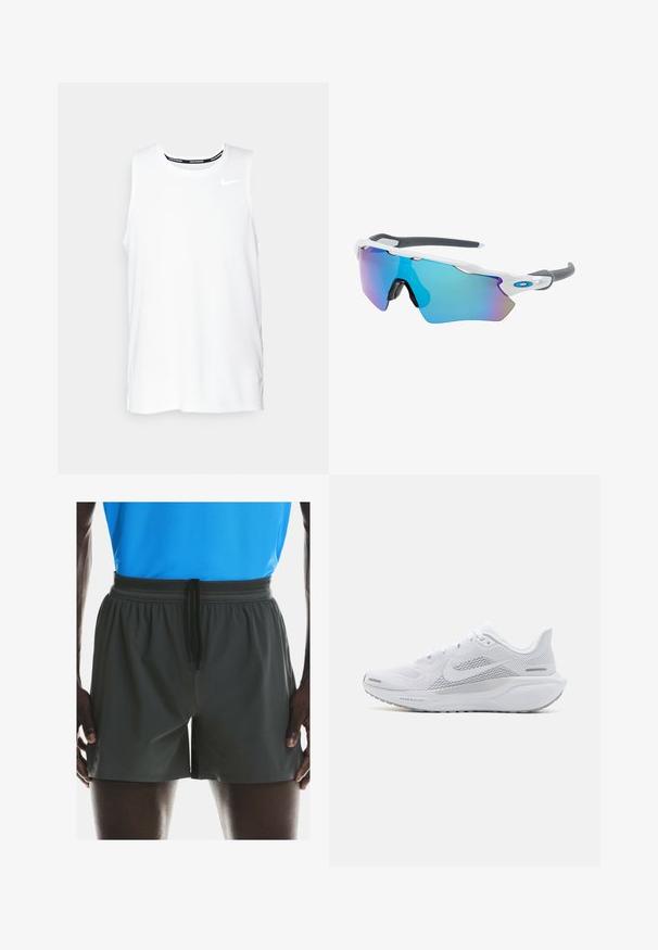Weißes ärmelloses Nike-Lauftop mit Rundhalsausschnitt, glatter Textur und schwarzem Nike-Logo auf der oberen linken Brust.; Herren Badehose in Dunkelgrau mit elastischem Bund und Kordelzug. Glatte Textur, Oberschenkel-lange Schnittführung und seitliche Schlitze für Beweglichkeit.; Weißer Sportschuh mit einem Obermaterial aus Mesh, glatten Überzügen, grauen Akzenten, Schnürsenkeln und einer gepolsterten Sohle, die für Leistung ausgelegt ist.; Sonnenbrille mit einem weißen Rahmen, grauen Akzenten und blauen Spiegellinsen. Sportliches Design, umschließende Form und verstellbare Nasenpads.