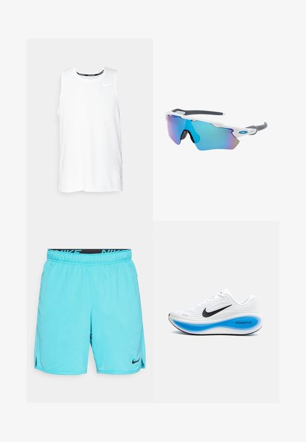 Camiseta sin mangas blanca de Nike para correr, con cuello redondo, textura suave y logo negro de Nike en la parte superior izquierda del pecho.; Bermudas deportivas de color turquesa, tejido ligero, cintura elástica con el logo negro de "NIKE", aberturas laterales en el dobladillo para mayor movilidad, diseño sencillo.; Zapatilla deportiva blanca con una parte superior texturada, el logo de Nike en negro y una entresuela ZoomX en azul. Presenta una puntera redondeada y una suela con patrones.; Gafas de sol con montura blanca, detalles grises y lentes espejados azules. Diseño deportivo, forma envolvente y almohadillas para la nariz ajustables.
