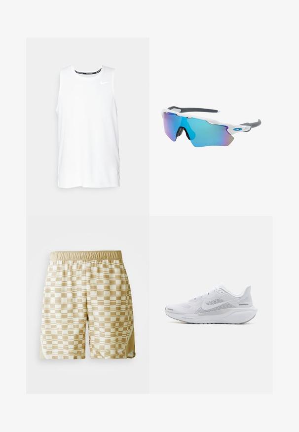 Camiseta sin mangas blanca de Nike para correr, con cuello redondo, textura suave y logo negro de Nike en la parte superior izquierda del pecho.; Pantalones cortos deportivos beige con un patrón cuadrado en crema y marrón claro, con una cintura elástica y aberturas laterales para mayor movilidad.; Zapatilla deportiva blanca con parte superior de malla, sobrecapas de textura suave, acentos en gris, cordones y una suela acolchada diseñada para el rendimiento.; Gafas de sol con montura blanca, detalles grises y lentes espejados azules. Diseño deportivo, forma envolvente y almohadillas para la nariz ajustables.