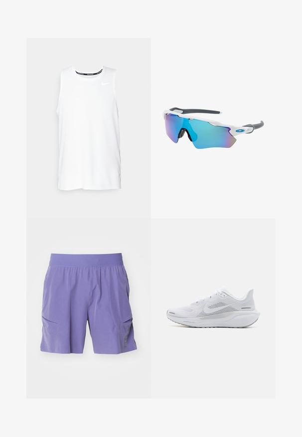 Vitt ärmlöst Nike-löparlinne med rund halsringning, slät yta och svart Nike-logotyp på övre vänstra bröstet.; Lila shorts tillverkade av lätt material, med elastisk midja och två sidofickor. Enkelt design med en subtil logodetalj.; Vit sportskor med ovandel i mesh, släta texturerade överlager, grå accenter, snören och en vadderad sula designad för prestanda.; Solglasögon med vit ram, grå detaljer och blå spegelglas. Sportig design, omslutande form och justerbara näskuddar.