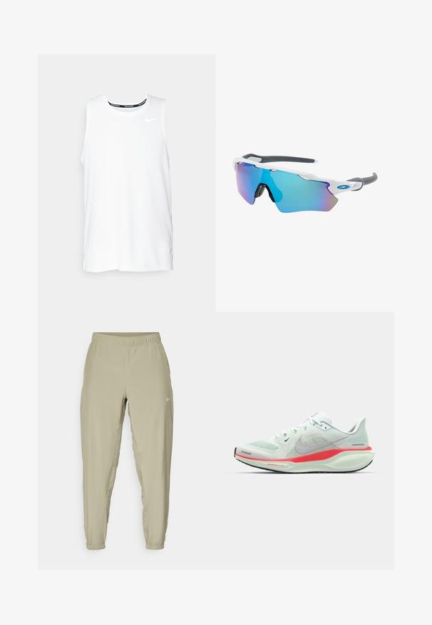 White sleeveless Nike running top with a round neckline, smooth texture, and black Nike logo on the upper left chest.; Light beige jogger pants with an elastic waistband, cuffed ankles, and side pockets. Features a small white logo on the front.; Light green Nike running shoe with a mesh upper, featuring a pink and white sole, showcasing a sleek, modern design.; Sunglasses with a white frame, gray accents, and blue mirrored lenses. Sporty design, wraparound shape, and adjustable nose pads.