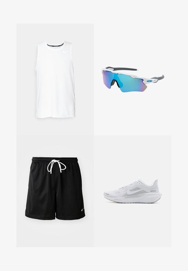 Biała bezrękawnik Nike do biegania z okrągłym dekoltem, gładką teksturą i czarnym logo Nike na górnej lewej części klatki piersiowej.; Czarne siatkowe spodenki sportowe z białym sznurkiem, z małym białym logo Nike na dolnej prawej stronie.; Białe buty sportowe z siateczkową cholewką, gładkimi naszywkami, szarymi akcentami, sznurówkami i amortyzowaną podeszwą zaprojektowaną z myślą o wydajności.; Okulary przeciwsłoneczne z białą oprawą, szarymi akcentami i niebieskimi lustrzanymi soczewkami. Sportowy design, kształt otaczający, z regulowanymi noskami.