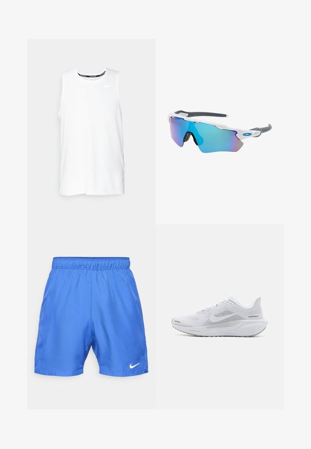 Baltā bezpiedurkņu Nike skriešanas krekla ar apaļu dekoltē, gludu tekstūru un melnu Nike logotipu kreisajā augšējā krūtī.; Nike Performance NIKECOURT VICTORY SHORT - Sporta šorti - astronomy blue/white; Baltā sporta apava ar sieta augšdaļu, gludām tekstūras aplikācijām, pelēkiem akcentiem, šņorēm un amortizētu zoli, kas izstrādāta veiktspējai.; Saulesbrilles ar baltu rāmi, pelēkiem akcentiem un ziliem spoguļobjektīviem. Sportisks dizains, apņemjoša forma un regulējami deguna spilventiņi.