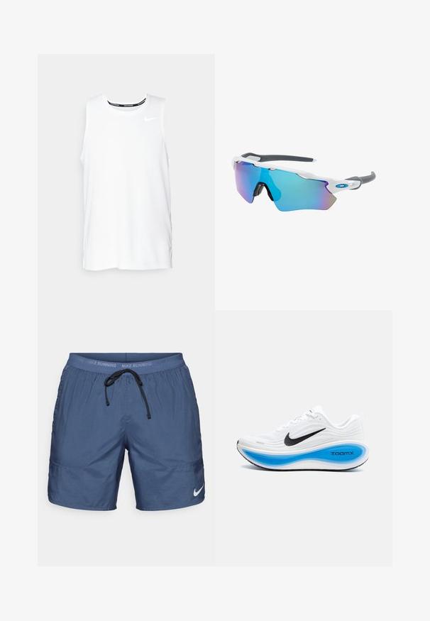 Camiseta sin mangas blanca de Nike para correr, con cuello redondo, textura suave y logo negro de Nike en la parte superior izquierda del pecho.; Pantalones cortos deportivos azul marino hechos de material ligero, con una cintura elástica y cordón, además de bolsillos laterales. Detalle del logo en la pierna.; Zapatilla deportiva blanca con una parte superior texturada, el logo de Nike en negro y una entresuela ZoomX en azul. Presenta una puntera redondeada y una suela con patrones.; Gafas de sol con montura blanca, detalles grises y lentes espejados azules. Diseño deportivo, forma envolvente y almohadillas para la nariz ajustables.