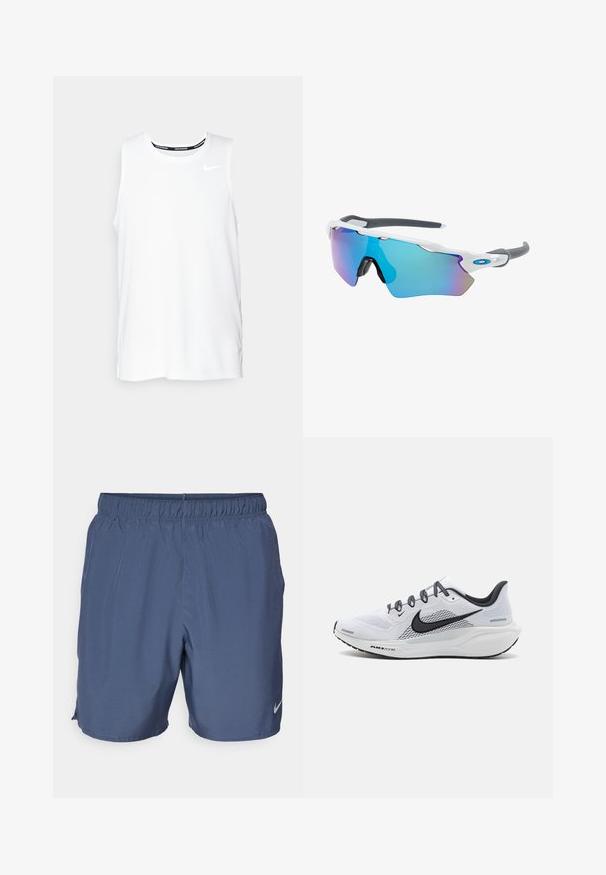 Weißes ärmelloses Nike-Lauftop mit Rundhalsausschnitt, glatter Textur und schwarzem Nike-Logo auf der oberen linken Brust.; Die grauen Nike-Shorts verfügen über einen elastischen Bund, leichtes Material und seitliche Schlitze für Beweglichkeit, mit einem kleinen Logo am unteren rechten Bein.; Weißes Mesh-Laufschuh mit schwarzen Akzenten, ausgestattet mit einer gepolsterten Zwischensohle, strukturiertem Sohle und reflektierenden Schnürsenkeln für verbesserte Sichtbarkeit.; Sonnenbrille mit einem weißen Rahmen, grauen Akzenten und blauen Spiegellinsen. Sportliches Design, umschließende Form und verstellbare Nasenpads.