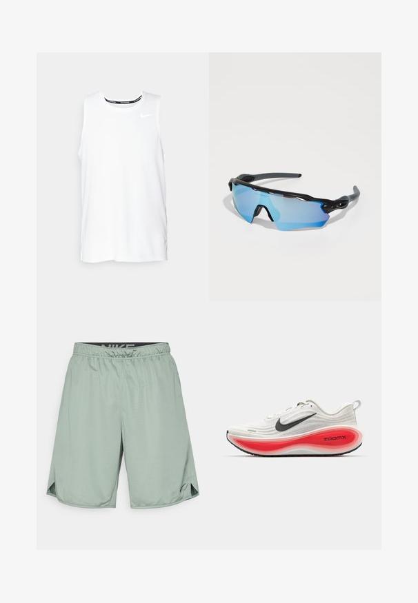 Bílý bezrukávový běžecký top Nike s kulatým výstřihem, hladkou texturou a černým logem Nike na levé horní části hrudníku.; Zelené sportovní šortky s elastickým pasem, na kterém je černé logo Nike. Jsou vyrobeny z lehkého materiálu a mají boční rozparky pro lepší pohyb.; Běžecké boty Nike s bílým pleteným svrškem, černým swooshem a silnou červenou a bílou polstrovanou podrážkou označenou "ZOOMX." Černá podešev pro trakci.; Sportovní sluneční brýle s černým rámem, velkými modře tónovanými skly a pevnou konstrukcí. Nabízí vylepšené zakřivené pokrytí.