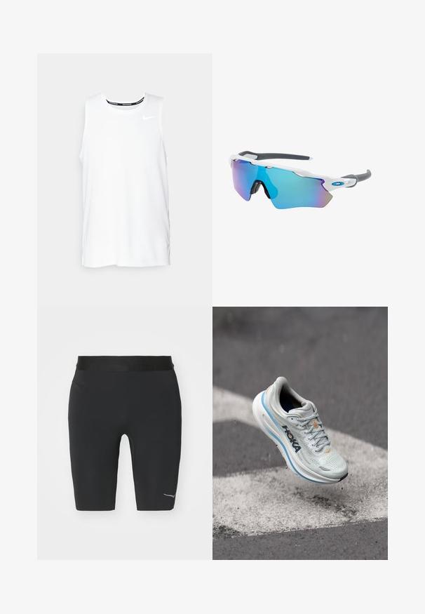 Fehér ujjatlan Nike futó felső kerek nyakkivágással, sima textúrával és fekete Nike logóval a bal felső mellkason.; Fekete sportnadrág, rugalmas anyagból készült, testhezálló kialakítással és fényvisszaverő logóval az alsó részen.; Világosszürke futócipő, lélegző hálós felső résszel, narancssárga részletekkel és vastag fehér középtalppal, kék díszítéssel. Könnyű kivitel.; Fehér keretű napszemüveg, szürke díszítéssel és kék tükörlencsékkel. Sportos dizájn, körbeölelő forma és állítható orrtámasz.