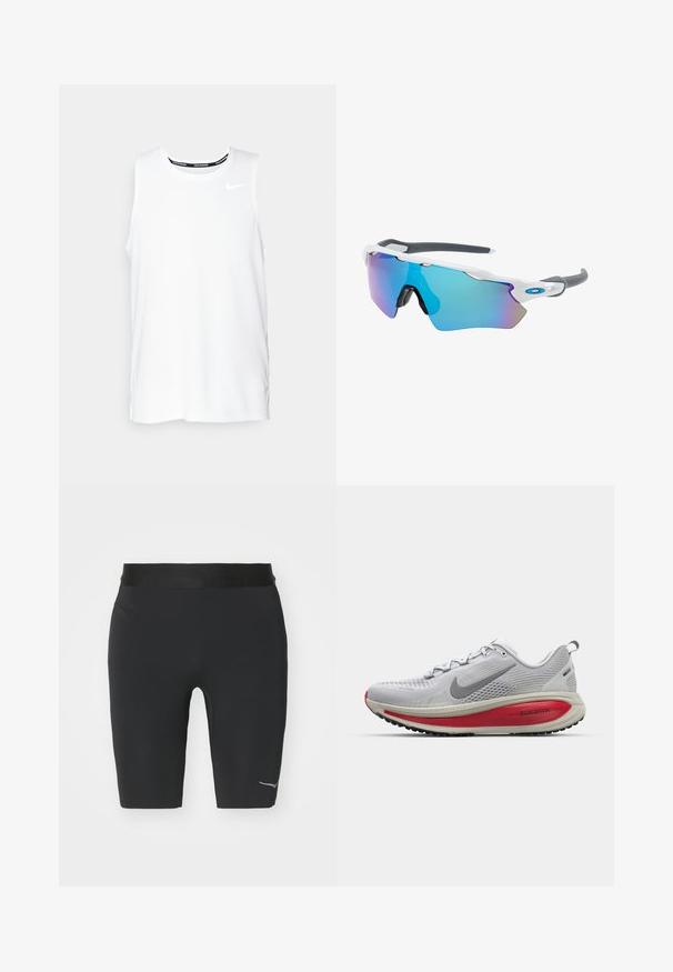 T-shirt de corrida sem mangas da Nike, de cor branca, com gola redonda, textura suave e logotipo preto da Nike na parte superior esquerda do peito.; Shorts atléticos pretos feitos de tecido elástico, com um design ajustado e um detalhe de logótipo refletor na parte inferior.; Sapatilha de corrida Nike em malha cinza claro com detalhes em vermelho, apresentando um bico arredondado, sola acolchoada espessa e uma sola texturizada para melhor aderência.; Óculos de sol com uma armação branca, detalhes cinzas e lentes espelhadas azuis. Design desportivo, forma envolvente e almofadas do nariz ajustáveis.